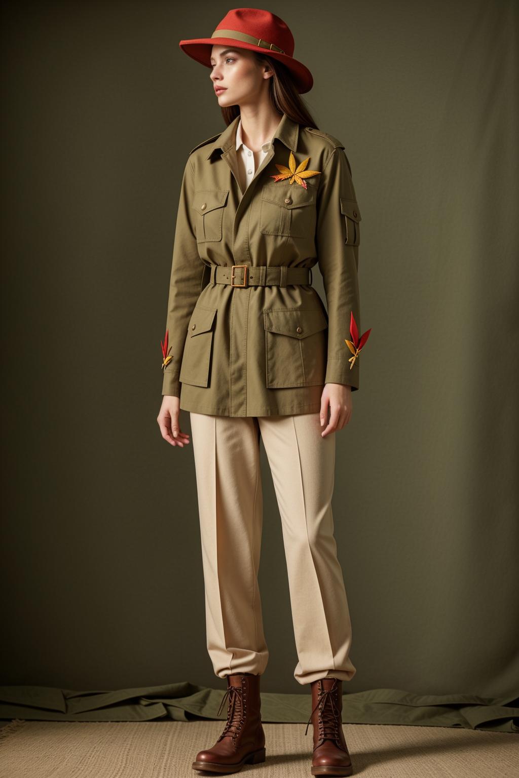 'Beautiful female model in khaki safari jacket with beige shoulder and pocket details, dark green thick linen safari jacket. Beige pants and hat khaki band, burgundy flap pockets, khaki jacket and belt of same material, yellow paper crane pattern embroidery. Red brown laced boots, jungle background, high resolution, plain background, high fashion ad campaign