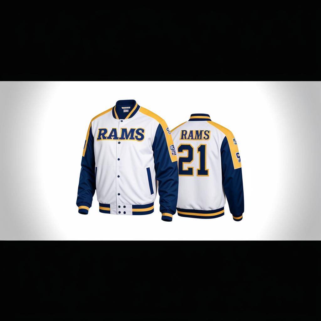 los angeles rams white starter jacket with yellow upper horns on shoulder,white sleeves