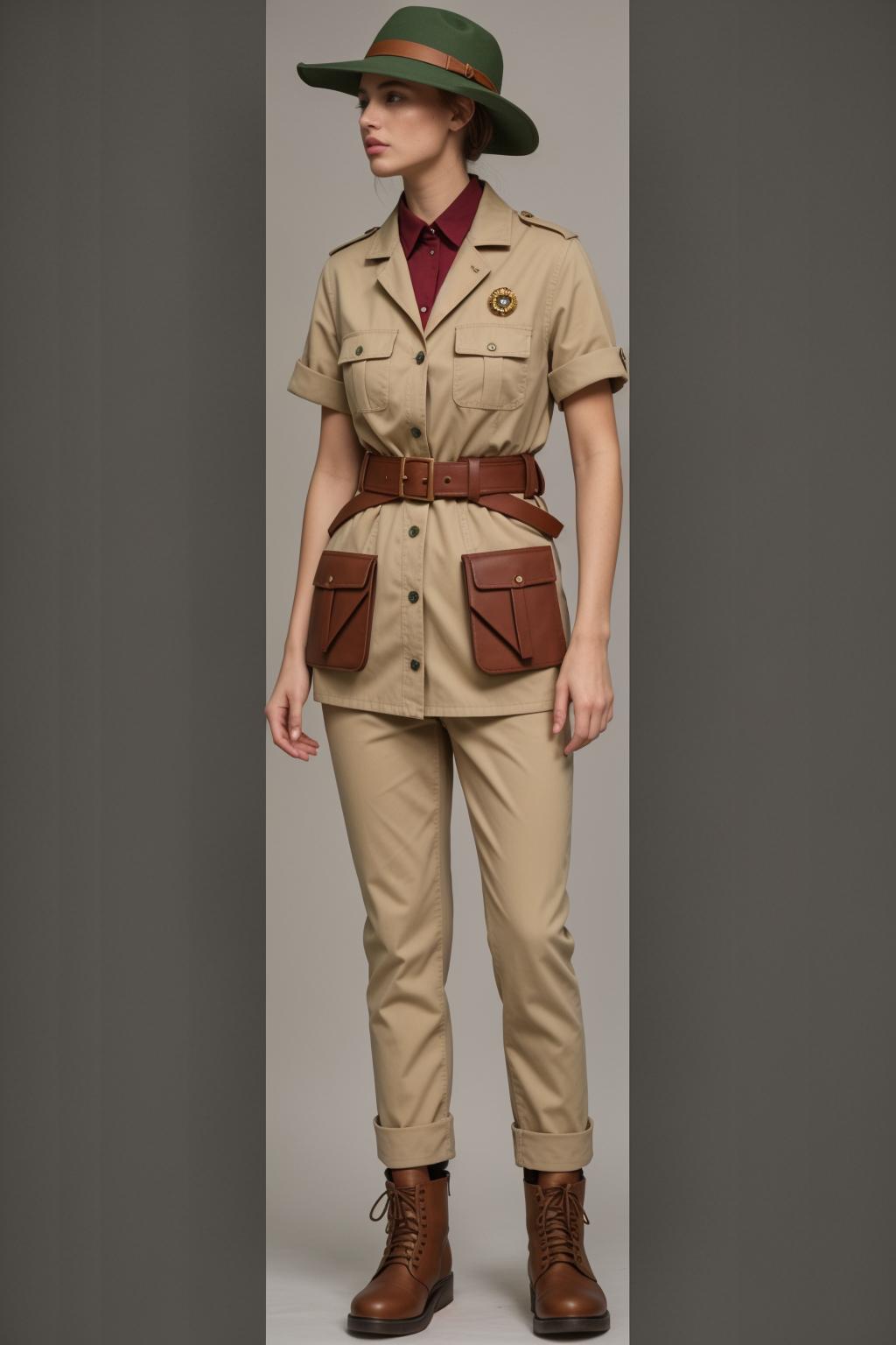 Full body standing front shot of a beautiful female model.

She is wearing a two-tone beige and green hat with a wide brim that has a chinstrap and a bead that appears to be wooden at the clasp.

Wearing a dark green-colored safari jacket.
The shoulders and pockets of the safari jacket have a beige color scheme.
 It has two pockets tucked into the chest, with flaps trimmed in a dark red color. Two large lower pockets with dark red flaps.
Waist belt with buckle, designed to cinch the waist. A yellow symbol (shaped like a bird) is embroidered on the left breast.
Thick linen material.
Wears a khaki-colored T-shirt as an inner layer.

 Simple straight beige pants, linen material.

Reddish-brown laced boots, pants are boot-in style, background jungle, high resolution.