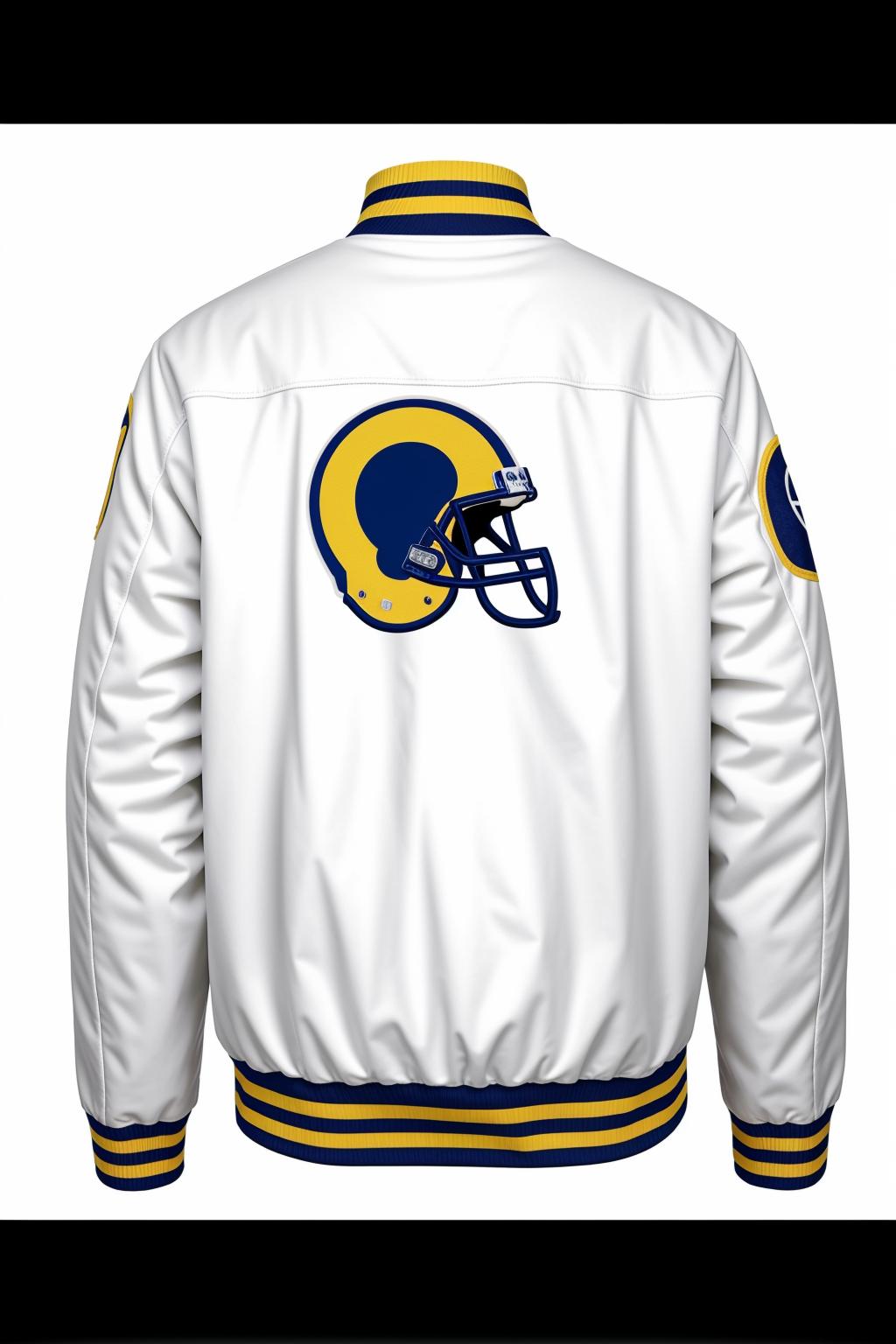 Los Angeles Rams white starter jacket with yellow shoulder horns rear,no model