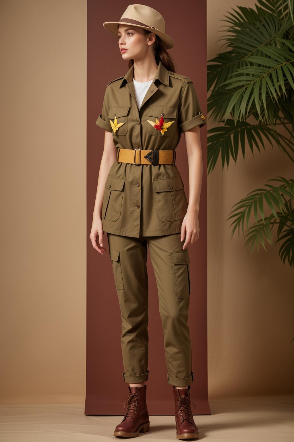 'Beautiful female model in khaki safari jacket with beige shoulder and pocket details, dark green thick linen safari jacket. Beige pants and hat khaki band, burgundy flap pockets, brown belt, yellow embroidered paper cranes. Red brown laced boots, jungle background, high resolution, plain background, high fashion ad campaign.