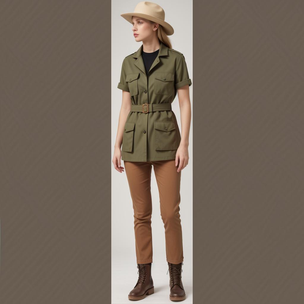 Full body standing front shot of a beautiful female model.

She is wearing a two-tone beige and green hat with a wide brim that has a chinstrap and a bead that appears to be wooden at the clasp.

Wearing a dark green-colored safari jacket.
The shoulders and pockets of the safari jacket have a beige color scheme.
 It has two pockets tucked into the chest, with flaps trimmed in a dark red color. Two large lower pockets with dark red flaps.
Waist belt with buckle, designed to cinch the waist. A yellow symbol (shaped like a bird) is embroidered on the left breast.
Thick linen material.
Wears a khaki-colored T-shirt as an inner layer.

 Simple straight beige pants, linen material.

Reddish-brown laced boots, pants are boot-in style, background jungle, high resolution.

Translated with DeepL.com (free version)