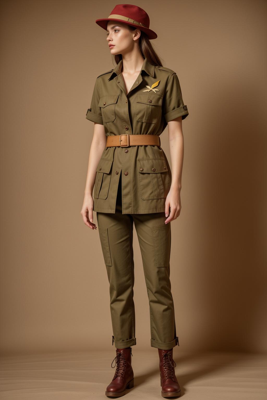 'Beautiful female model in khaki safari jacket with beige shoulder and pocket details, dark green thick linen safari jacket. Beige pants and hat khaki band, burgundy flap pockets, khaki jacket and belt of same material, yellow paper crane pattern embroidery. Red brown laced boots, jungle background, high resolution, plain background, high fashion ad campaign