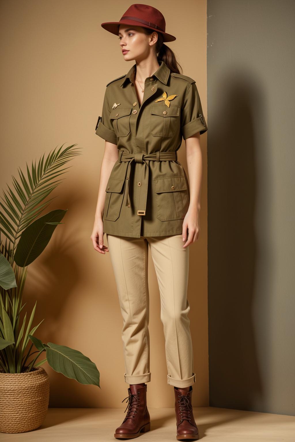 'Beautiful female model in khaki safari jacket with beige shoulder and pocket details, dark green thick linen safari jacket. Beige pants and hat khaki band, burgundy flap pockets, khaki jacket and belt of same material, yellow paper crane pattern embroidery. Red brown laced boots, jungle background, high resolution, plain background, high fashion ad campaign